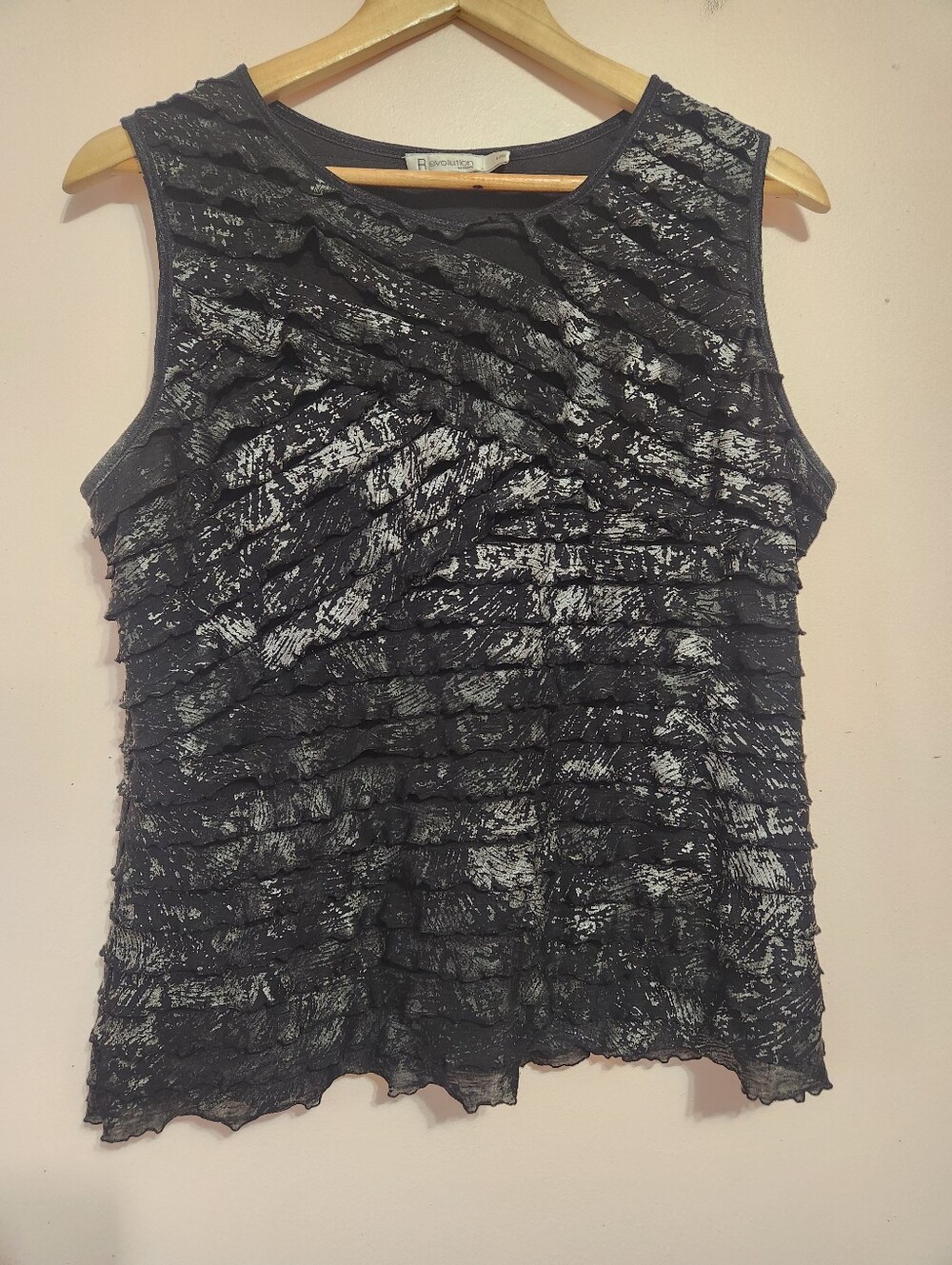 Y2K Revolution by Ricki's Black Silver Foil Tiered Mesh Ruffle Tank Top Large
